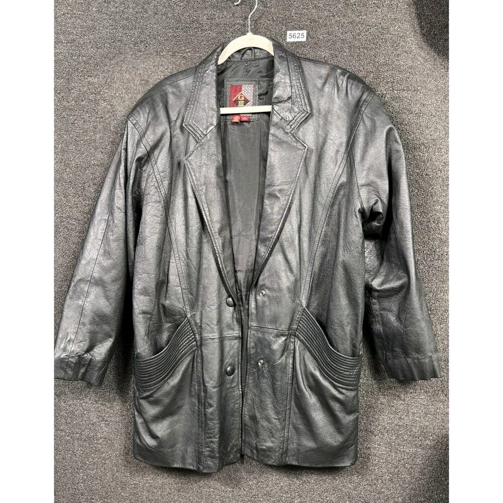 G-III Genuine Leather Jacket Coat Womens Size Medium Black Longline Pockets